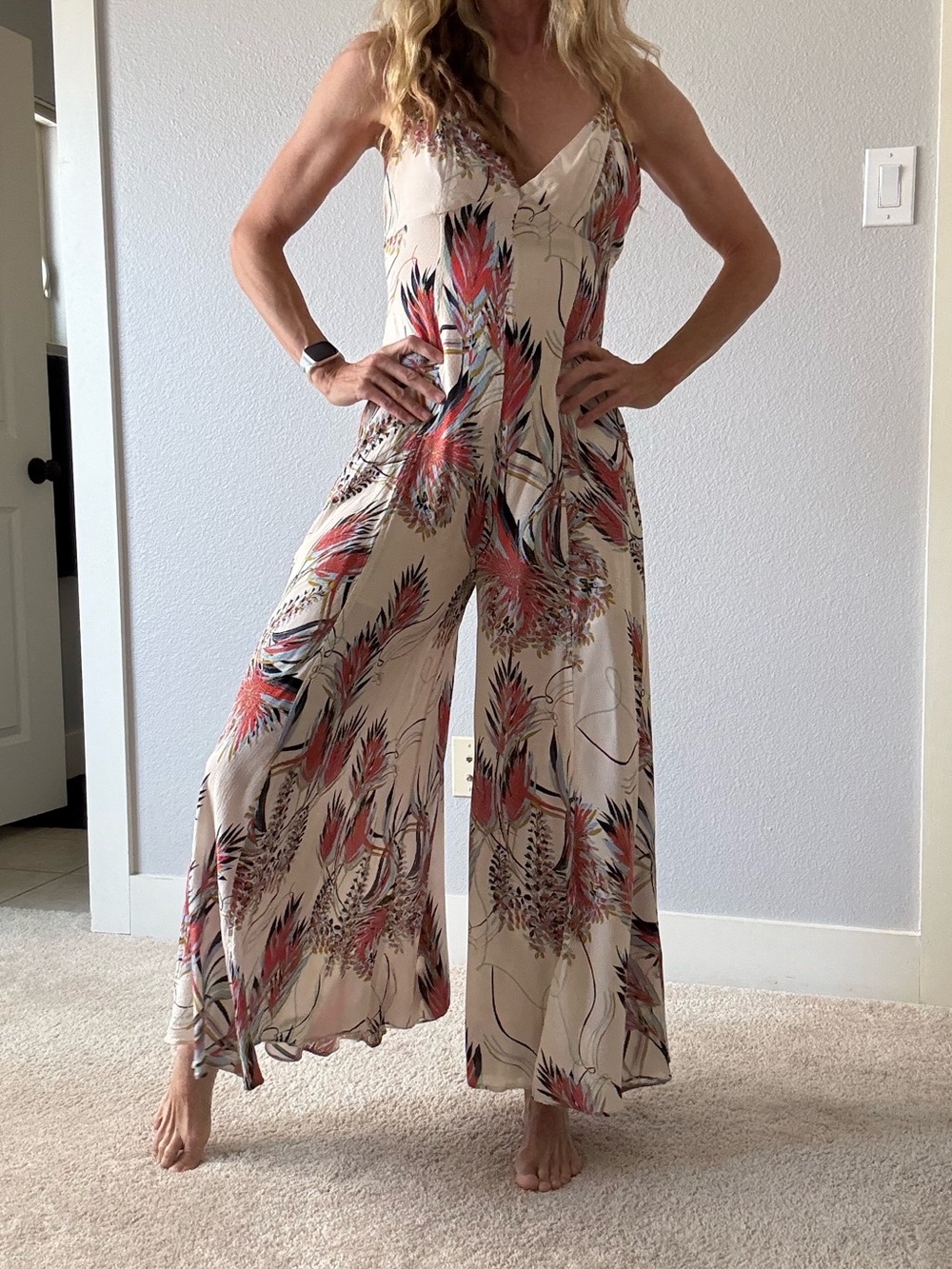 Free People Beige Jumpsuit with Coral and Black Feather Print